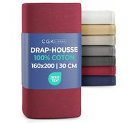 Drap-Housse Jersey Coton 160x200 cm Bordeaux - Grand Bonnet Profond 30 cm / 12” - Doux, Infroissable & Très Résistant aux Décolorations - Respirant, Hypoallergénique & Certifié Oeko-TEX Standard 100