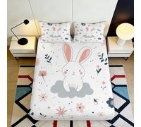 Drap-Housse Lapin Mignon à Motif Fleuri Impression 3D Microfibre Facile à Entretenir Protection Matelas Décor Chambre Dortoir Cadeau 90x200x25cm