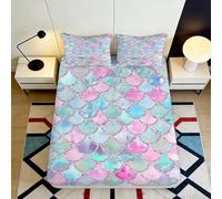 Drap Housse Microfibre 3D Imprimé Écailles de Sirène Pochette Profonde Antidérapant Bord Élastique Écailles de Sirène Mattress Fitted Cover Chambre 200x200x25cm