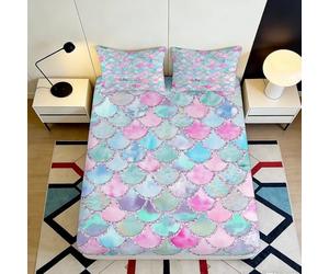 Drap Housse Microfibre 3D Imprimé Écailles de Sirène Pochette Profonde Antidérapant Bord Élastique Écailles de Sirène Mattress Fitted Cover Chambre 200x200x25cm