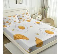 Drap Housse Microfibre Dessin animé Mignon Œufs au Plat Croissants imprimé, Housse de Matelas Respirant Antidérapants, pour Matelas de 30 cm d'épaisseur (140 × 190 cm, Jaune d'oeuf)