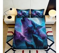 Drap-Housse Microfibre Loups Hurleurs Bleu Violet Impression 3D Wolf Moon, Protection Matelas, Chambre Dortoir Décoration 90x200x25cm