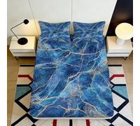 Drap-Housse Motif marbre Bleu 3D Printed Microfibre Doux veines dorées Protection Matelas décor Chambre Facile d'entretien Multi-Usage 90x200x25cm