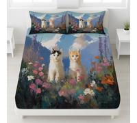 Drap Housse Peinture à l'huile Nature Drap Housse Floral Antidérapants Chat Montagne Respirant Imprimé Draps Housses pour Matelas De 30 Cm D'Épaisseu