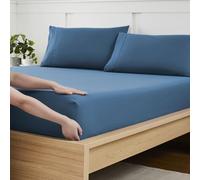 Drap-Housse pour lit Double Uniquement avec élastique Complet et Sangles d'angle intégrées pour éviter Les déplacements, Drap-Housse en Microfibre brossée Douce et Respirante, lit Double, Bleu Denim