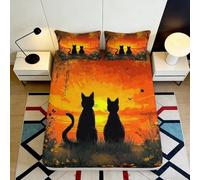Drap-Housse Silhouette de Chat au Coucher du Soleil Microfibre 3D Printed Protège-Matelas Décor Chambre Lavable 90x200x25cm