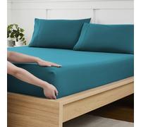Drap-Housse Uniquement avec élastique Complet et Sangles d'angle intégrées pour éviter Les déplacements, Drap-Housse en Microfibre brossée Douce et Respirante, lit Double, Bleu Sarcelle