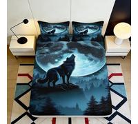 Drap-Housse Wolf Moon 3D imprimé Microfibre antidérapant Grande Profondeur Housse de Matelas Loup pour Chambre Ensemble literie 90x200x25cm