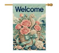 Drapeau de bienvenue hippocampes côtiers et roses 71 x 101 cm | Décoration côtière, drapeau de pelouse, composition florale, thème nautique, panier tissé, panneau de bienvenue