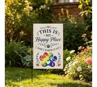 Drapeau de jardin amusant « This Is My Happy Place Don't Screw It Up » - Décoration vintage - Double face - Pour le printemps et l'été - Citation hilarante - Mini drapeaux de bienvenue pour patio