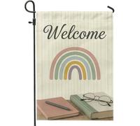 Drapeau de jardin arc-en-ciel moderne minimaliste livres lunettes printemps beige toile de jute double face petit drapeau de jardin cour pour extérieur, terrasse, pelouse, porche, entrée, camping 30,5