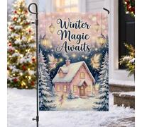 Drapeau de jardin avec citation de chalet magique d'hiver 30,5 x 45,7 cm | Fées, drapeau de pelouse, lanternes, pins enneigés, salutations saisonnières, illustration fantaisie