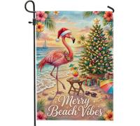 Drapeau de jardin avec citation de Noël Oiseau tropical tropical 30,5 x | Thème tropical, drapeau de pelouse, décoration côtière, scène de plage, chapeau de Père Noël, arbre décoré, couleurs vives