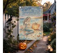 Drapeau de jardin avec citation de sirène d'Halloween 30,5 x 45,7 cm | Jack-o'-lantern, drapeau de pelouse, coquillages, étoile de mer, crabe, paysage côtier, art fantastique