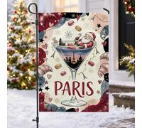 Drapeau de jardin avec citation du Père Noël Paris 30,5 x 45,7 cm | Skyline parisienne, drapeau de cour, macarons, croissants, illustration fantaisie, décoration de vacances d'hiver