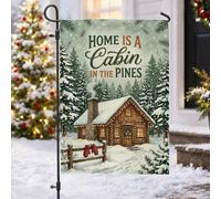 Drapeau de jardin avec citation en bois de chalet d'hiver 30,5 x 45,7 cm | Scène de forêt d'hiver, drapeau de cour, architecture de cabane rustique, forêt de pins enneigés, décoration extérieure