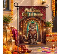Drapeau de jardin avec citation « Festival of Lights » - Motif chat - 30,5 | Chat tabby, drapeau de cour, arche festive, lanternes, guirlandes de calendula, citation de bienvenue