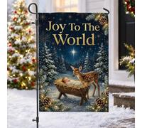 Drapeau de jardin avec citation religieuse Joy To The World 30,5 x 45,7 cm | Bébé dans la mangeoire, drapeau de cour, faon, pommes de pin, paysage d'hiver, thème religieux, décoration de vacances en