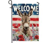 Drapeau de jardin « Bienvenue à l'âne », motif floral rouge, blanc et bleu, bannière décorative pour jardin, drapeau de jardin double face en toile de jute, décoration extérieure pour pelouse, 30 x 4