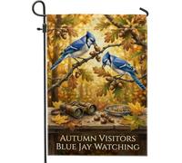 Drapeau de jardin Blue Jay Birdwatching Automne 30,5 x 45,7 cm | Geais bleus, drapeau de cour, feuilles de chêne, glands, jumelles, thème d'observation des oiseaux, texture en bois rustique