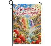 Drapeau de jardin cascade, nature fantaisie fraise arc-en-ciel été toile de jute verte double face petit drapeau de jardin cour pour extérieur, porche, pelouse, terrasse, 30,5 x 45,7 cm