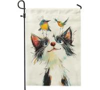 Drapeau de jardin « Chat mignon et oiseaux », décoration extérieure colorée représentant un animal pour le printemps et l'été, bannière en tissu double face pour la décoration de la maison (30 x 45 c