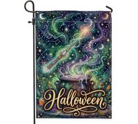 Drapeau de jardin chaudron mystique sorcière Halloween 30,5 x 45,7 cm | Thème sorcellerie, drapeau de pelouse, baguette mystique, fond étoilé cosmique, lettrage cursif, décoration de jardin