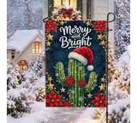 Drapeau de jardin citation cactus de Noël 30,5 x 45,7 cm | Fleurs de poinsettia, drapeau de cour, chapeau de Père Noël, guirlande lumineuse, nuit étoilée, jardin d'hiver