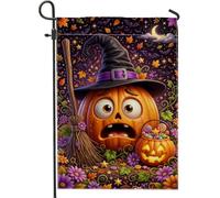 Drapeau de jardin citrouilles - Chapeau de balai fantaisie festif en toile de jute orange double face pour extérieur, terrasse, pelouse, porche, balcon - 30,5 x 45,7 cm
