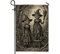 Drapeau de jardin citrouilles - Chapeau de sorcière fantaisie effrayant - Balai - Halloween - En toile de jute noire - Double face - Pour extérieur, pelouse, porche, terrasse, entrée - 30,5 x 45,7 cm