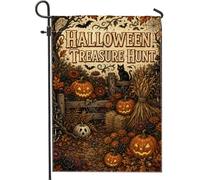 Drapeau de jardin citrouilles chasse au trésor Halloween 30,5 x 45,7 cm | Feuilles d'automne, drapeau de pelouse, chat, balle de foin, clôture en bois rustique, atmosphère effrayante