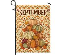 Drapeau de jardin d'automne avec citation citrouilles de septembre 30,5 x | Thème récolte d'automne, drapeau de cour, feuilles d'automne rustiques, panneau décoratif de cour extérieur