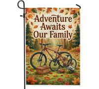 Drapeau de jardin d'automne avec citation de vélo de montagne 30,5 x 45,7 | Paysage forestier, drapeau de pelouse, panier de pique-nique, casques de protection, feuillage d'automne