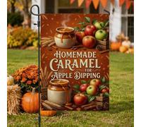 Drapeau de jardin d'automne sur le thème de la récolte de fruits caramel | Pots de caramel à la vapeur, drapeau de pelouse, fruits frais, bâtons de cannelle, tiges de blé, ferme rustique