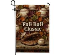 Drapeau de jardin d'automne sur le thème du baseball 30,5 x 45,7 cm | Gant de baseball, drapeau de pelouse, feuilles d'érable, thème récolte, décoration sportive, fond en bois rustique