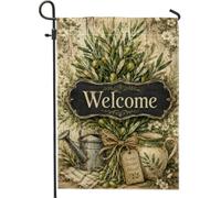 Drapeau de jardin de bienvenue, arrosoir rustique vintage en toile de jute vert olive double face pour extérieur, terrasse, pelouse, porche, balcon, 30,5 x 45,7 cm