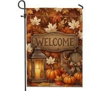 Drapeau de jardin de bienvenue, lanterne rustique saisonnière en toile de jute orange d'automne double face pour extérieur, terrasse, pelouse, porche, entrée, camping, 30,5 x 45,7 cm
