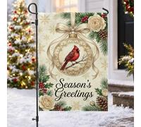 Drapeau de jardin de Noël 30,5 x 45,7 cm | Arrangement floral d'hiver, drapeau de cour, pommes de pin, baies de houx, calligraphie élégante, panneau de vœux saisonnier