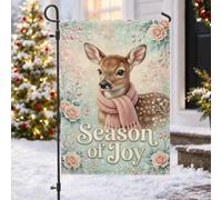 Drapeau de jardin de Noël avec citation Winter Fawn Season Of Joy 30,5 x | Illustration bébé cerf, drapeau de cour, accents de rose d'hiver, salutation saisonnière festive, palette de couleurs pastel