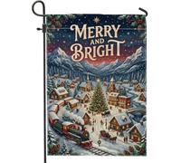 Drapeau de jardin de Noël en train de village d'hiver 30,5 x 45,7 cm | Train à vapeur, drapeau de pelouse, montagnes enneigées, pins, paysage d'hiver, décoration de cour saisonnière