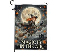 Drapeau de jardin de sorcière, balai de lune saisonnier fantaisie, orange, double face, en toile de jute décorative pour extérieur, terrasse, pelouse, porche, balcon, 30,5 x 45,7 cm