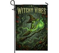 Drapeau de jardin de sorcière, balai fantaisie fantaisie en toile de jute verte double face pour extérieur, porche, pelouse, terrasse, 30,5 x 45,7 cm