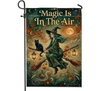 Drapeau de jardin de sorcière, bâton à balai fantaisie fantaisie pour Halloween vert double face en toile de jute décorative pour extérieur, pelouse, porche, terrasse, entrée, 30,5 x 45,7 cm