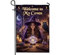 Drapeau de jardin de sorcière, boule de cristal enchanteur mystique hibou Halloween violet toile de jute double face drapeaux décoratifs pour extérieur, porche, pelouse, terrasse, 30,5 x 45,7 cm