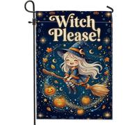 Drapeau de jardin de sorcière, motif citrouilles festives fantaisie, balai, Halloween, en toile de jute bleue double face, pour extérieur, terrasse, pelouse, porche, balcon, 30,5 x 45,7 cm