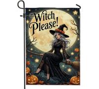 Drapeau de jardin de sorcière, motif citrouilles festives fantaisie, balai, Halloween, toile de jute noire, double face, drapeaux décoratifs pour extérieur, pelouse, porche, terrasse, entrée, 30,5 x
