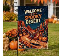 Drapeau de jardin effrayant avec citation d'Halloween - 30,5 x 45,7 cm | Paysage du désert, drapeau de pelouse, lanternes jack-o'-lanternes, nuit étoilée, guirlande lumineuse