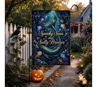 Drapeau de jardin effrayant sirène Halloween 30,5 x 45,7 cm | Méduse lumineuse, drapeau de pelouse, accents jack-o-lanterne, thème nautique, esthétique océan effrayant