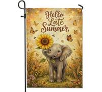 Drapeau de jardin éléphant fantaisiste et ludique en toile de jute jaune d'été double face pour extérieur, pelouse, porche, terrasse, entrée 30,5 x 45,7 cm