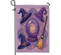 Drapeau de jardin en forme de boule de cristal, chapeau de sorcière festif fantaisie, balai, toile de jute violette double face, petit drapeau de jardin pour extérieur, pelouse, porche, terrasse